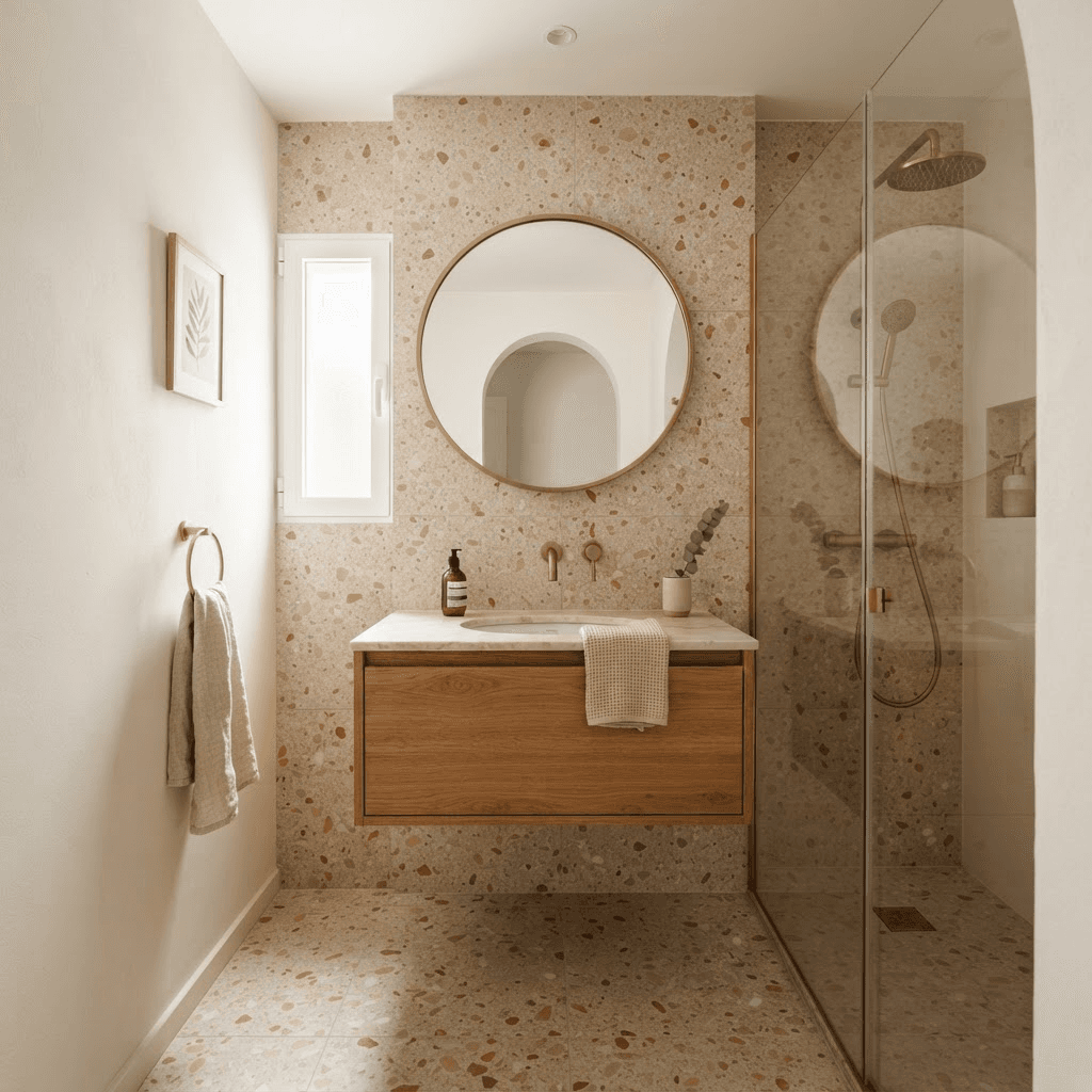 Baño pequeño reformado con vanitorio de madera y espejo redondo
