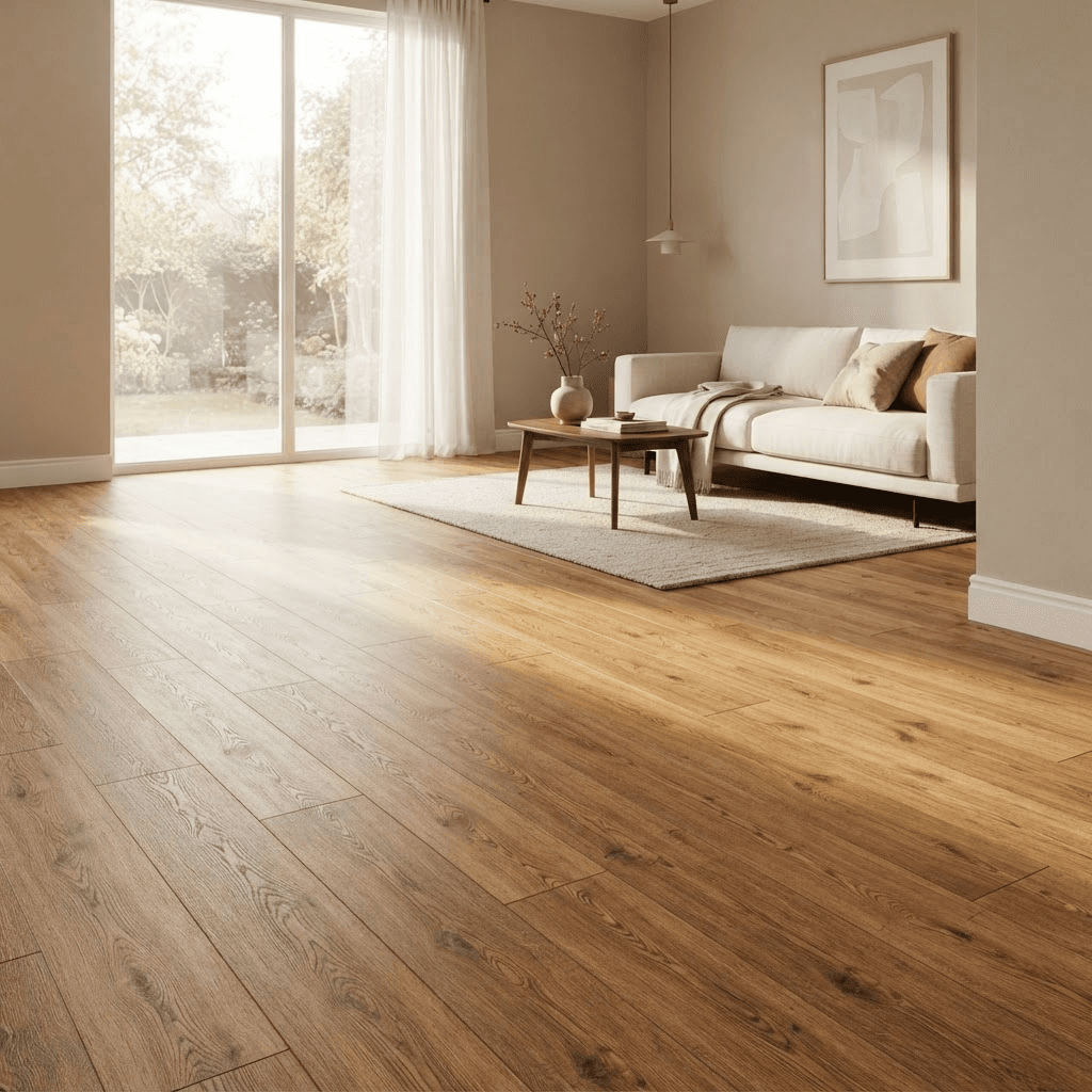 Salón con tarima de madera de roble recién instalada